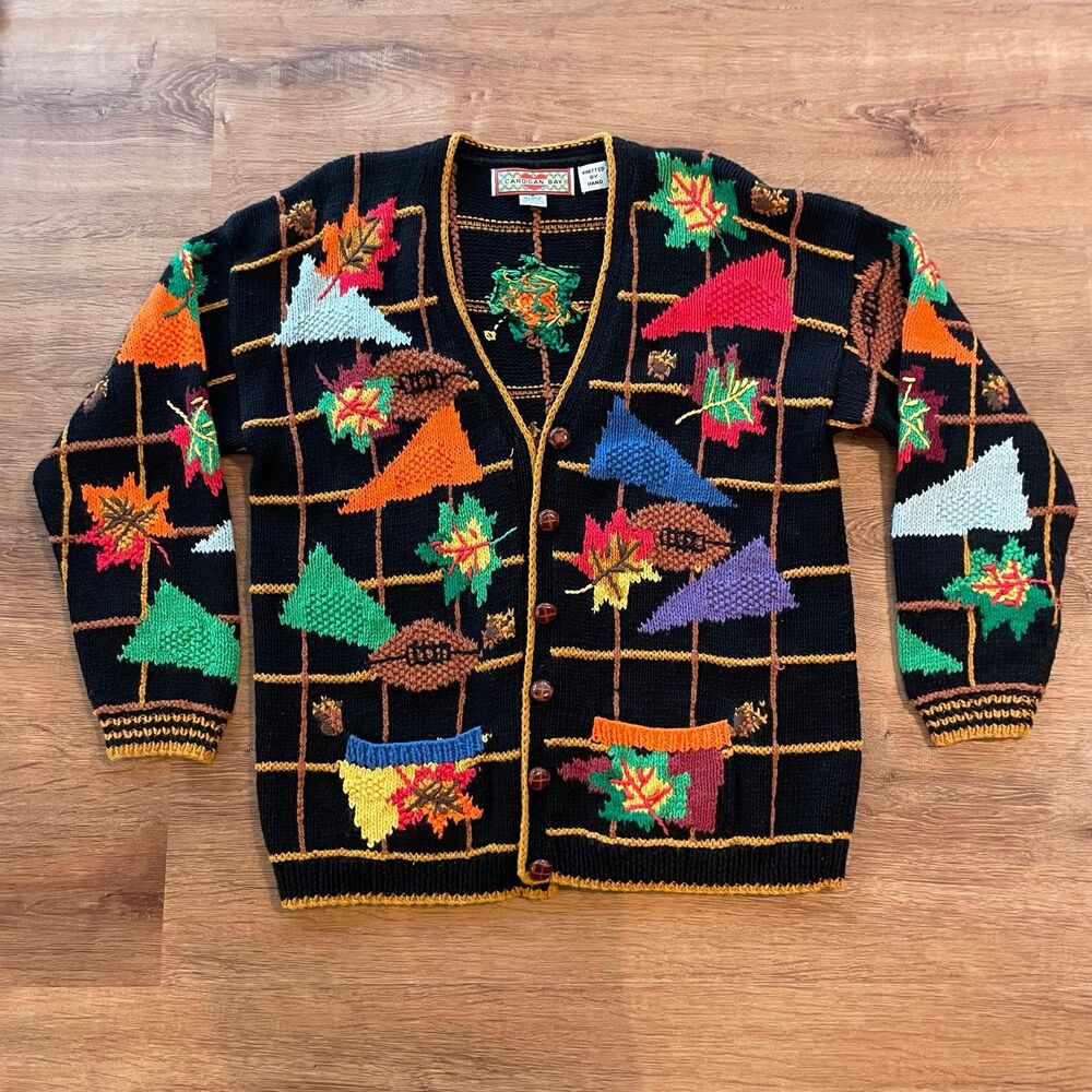 Vintage Cardigan Bay Hand Knit Fall Football Leaves Chunky Button Sweater medium